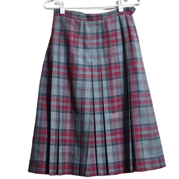 Aljeans canada wool plaid tartan pleated midi skirt color grey and red s… - Picture 1 of 5